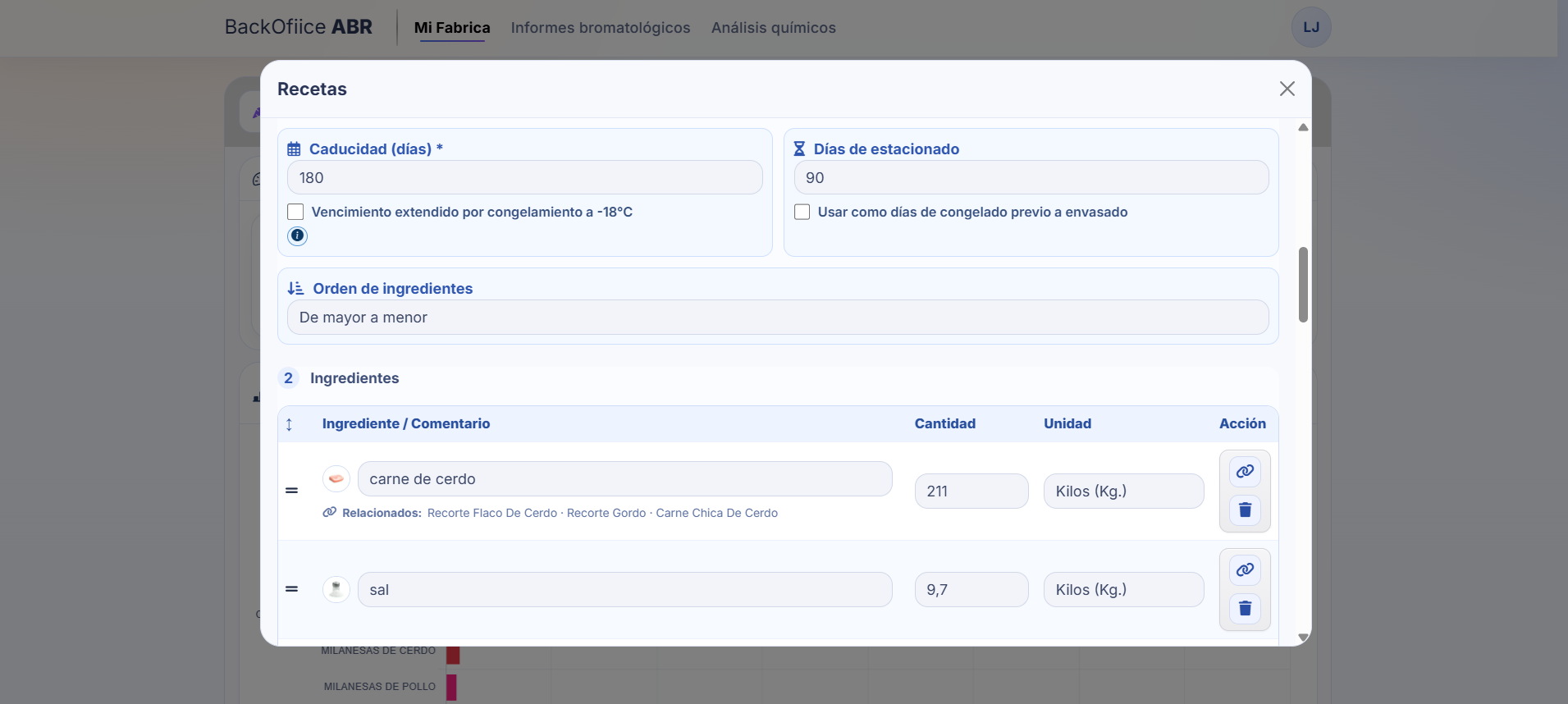 Configuración de receta con caducidad, estacionado e ingredientes BackOffice ABR